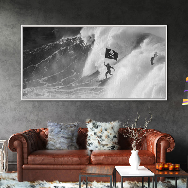 Surfer Waving A Skull and Crossbones Flag While Surfing - Framed Canvas Print - Cool Modern Art - Office / Mancave Decor Gift For Him