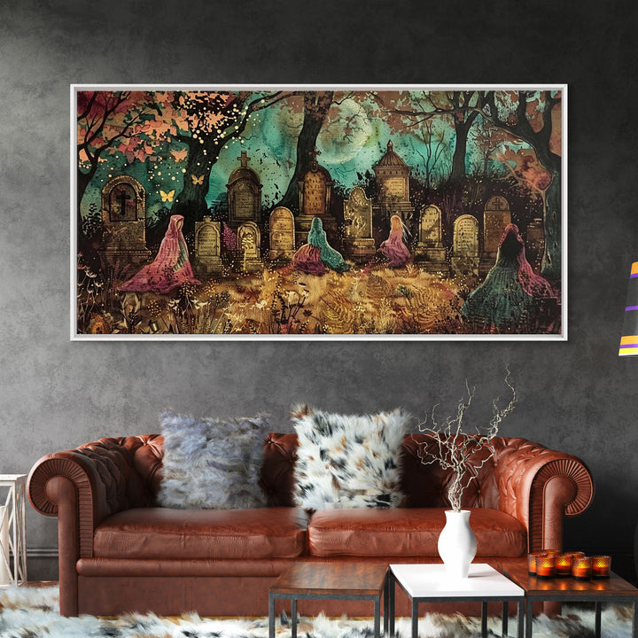 Spooktober Wall Art, Framed Canvas Print, Cottagecore Dark Academia Grave Yard Wall Art, Halloween Decor