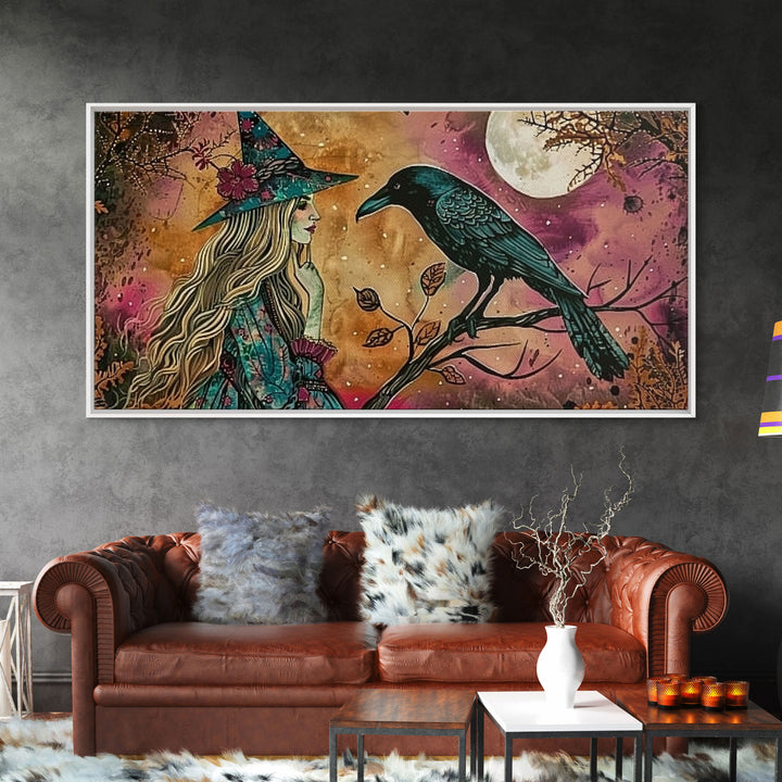 Cottagecore Witch & Raven, Springtime Witch, Halloween Art, Framed Canvas Print, Halloween Accessories, Halloween Decor