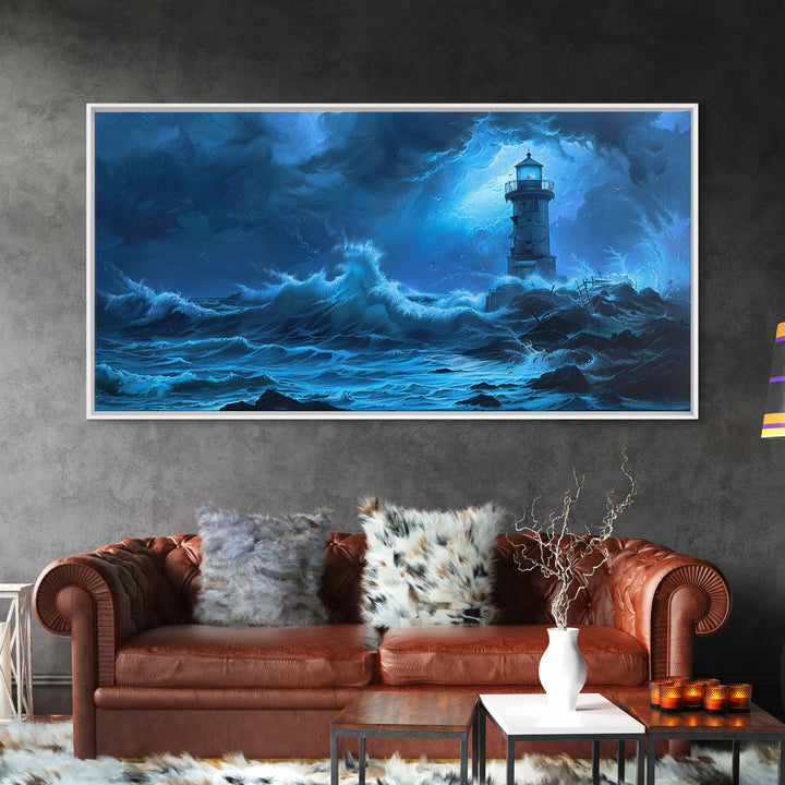 Lighthouse and the Storm, Framed Canvas Print, Unique Halloween Wall Art, Nautical Decor