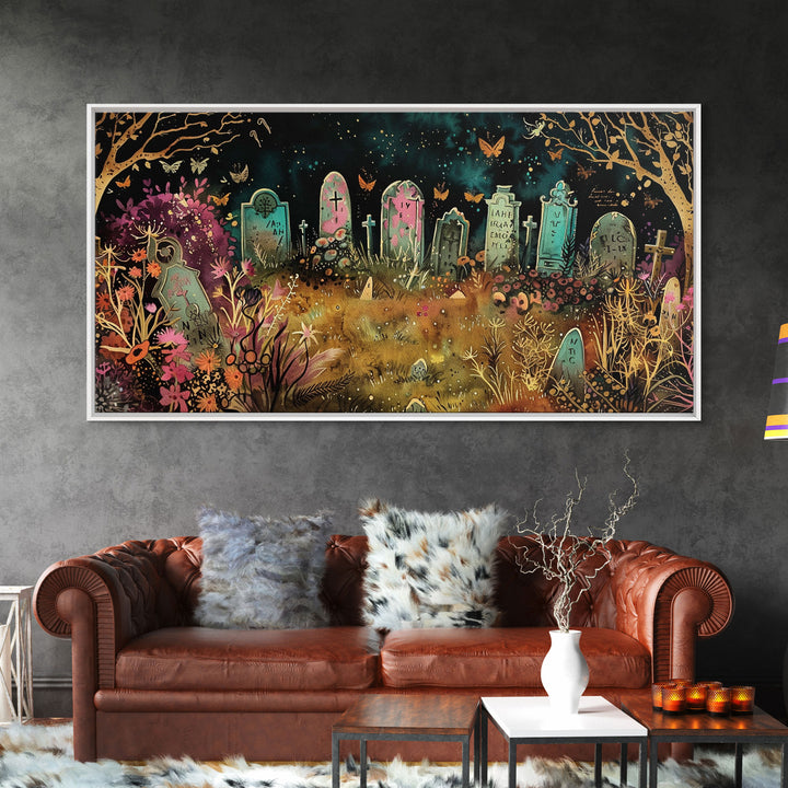 Colorful Haunted Grave Yard In The Spring Time, Framed Canvas Print, Spooky Wall Art, Halloween Spooky Season Decor