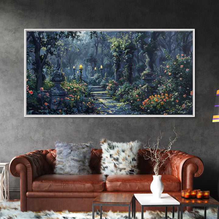 Creepy Victorian Hedge Maze, Haunted Cemetary Framed Canvas Print, Spooky Season Wall Art