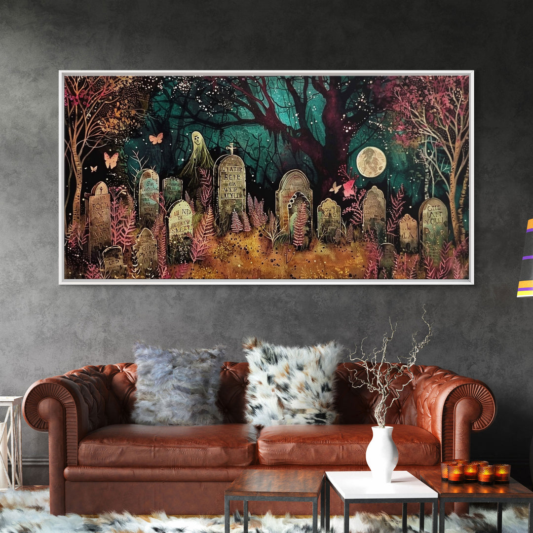 Spooky Cottagecore Mashup, Halloween Decor, Framed Canvas Print, Haunted Grave Yard Halloween Prop
