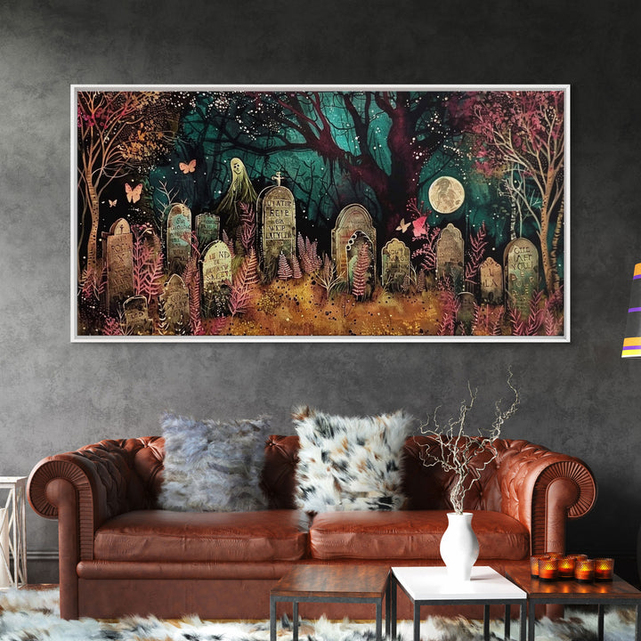 Spooky Cottagecore Mashup, Halloween Decor, Framed Canvas Print, Haunted Grave Yard Halloween Prop