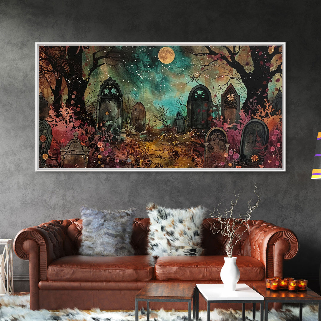 Spooky Cottagecore Mashup, Halloween Decor, Framed Canvas Print, Haunted Grave Yard Halloween Prop