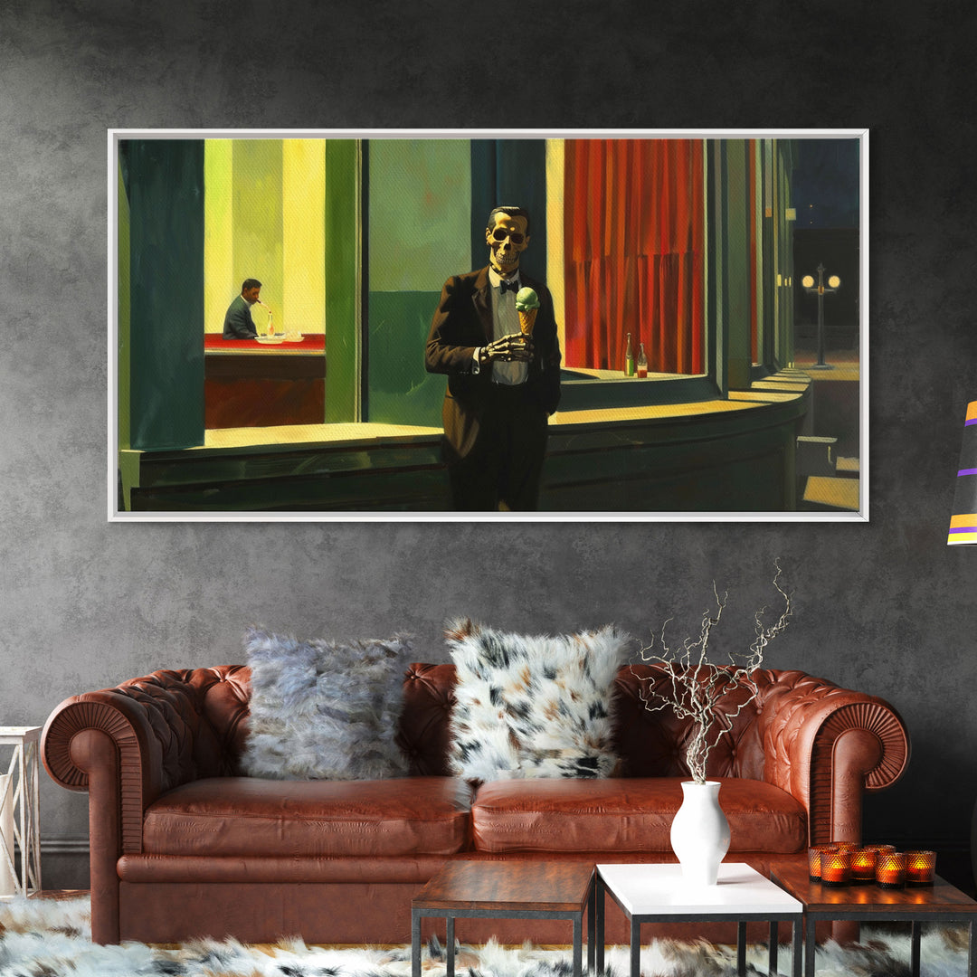 Liminal Halloween Art, Skeleton Having an Ice Cream Cone, Framed Canvas Print, Halloween Decor