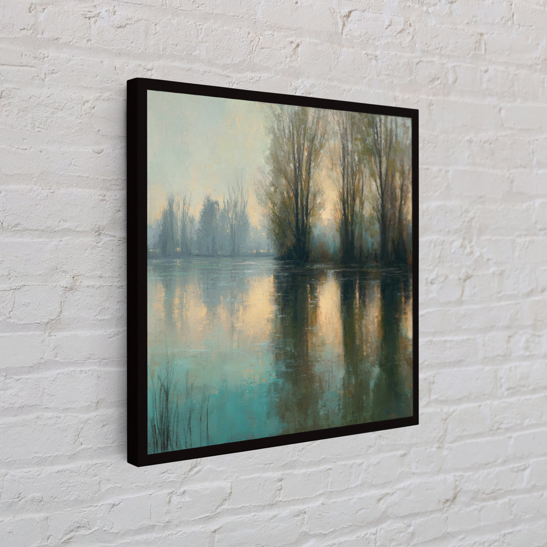 Misty Riverbank with Willow Trees Framed Canvas Print, Impressionist Art, Living Room Decor, Impression, Landscape Art, IMP-1x1-11