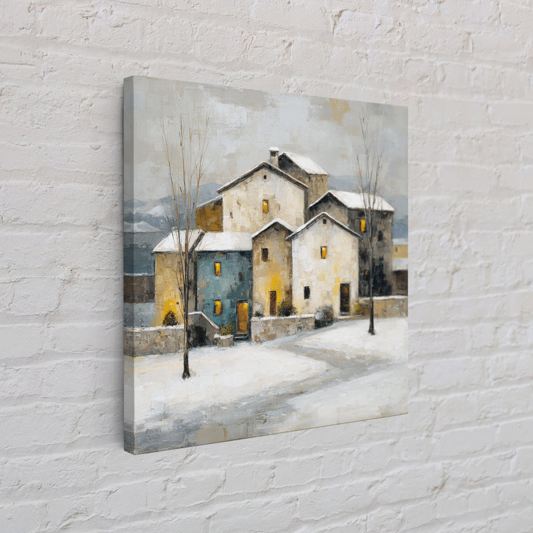 Snowy Village with Warm Glowing Windows Framed Canvas Print, Impressionist Art, Boho Decor, Living Room Decor, Oil Painting, IMP-1x1-37