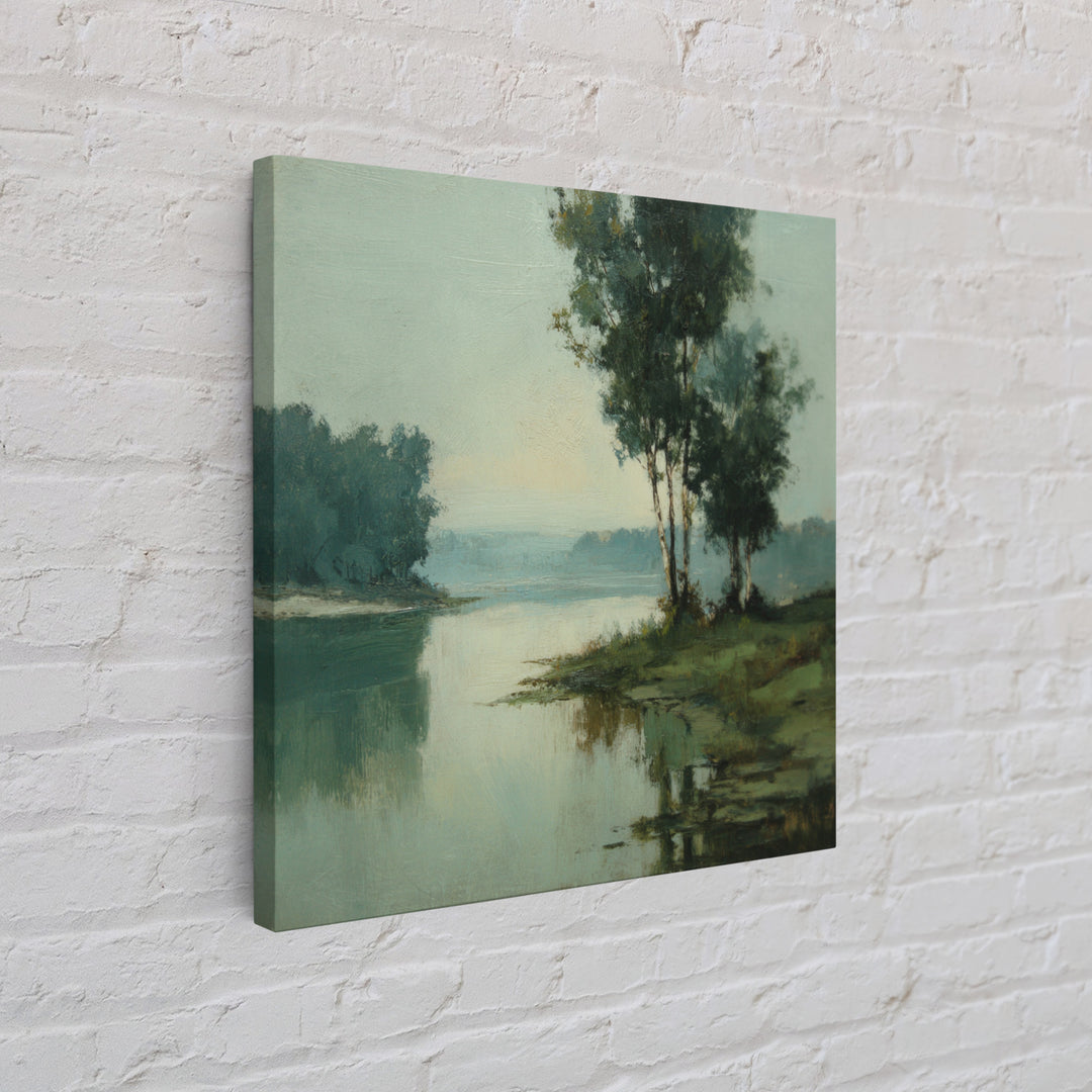 Misty Riverbank with Willow Trees Canvas Print, Impressionist Art, Gallery Decor, Living Room Decor, Fine Art, Impression, IMP-1x1-59