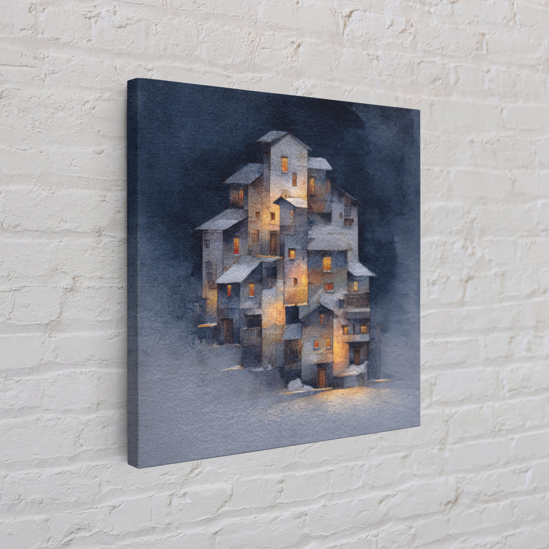 Snowy Village with Warm Glowing Windows Framed Canvas Print, Impressionist Art, Boho Decor, Living Room Decor, Oil Painting, IMP-1x1-61