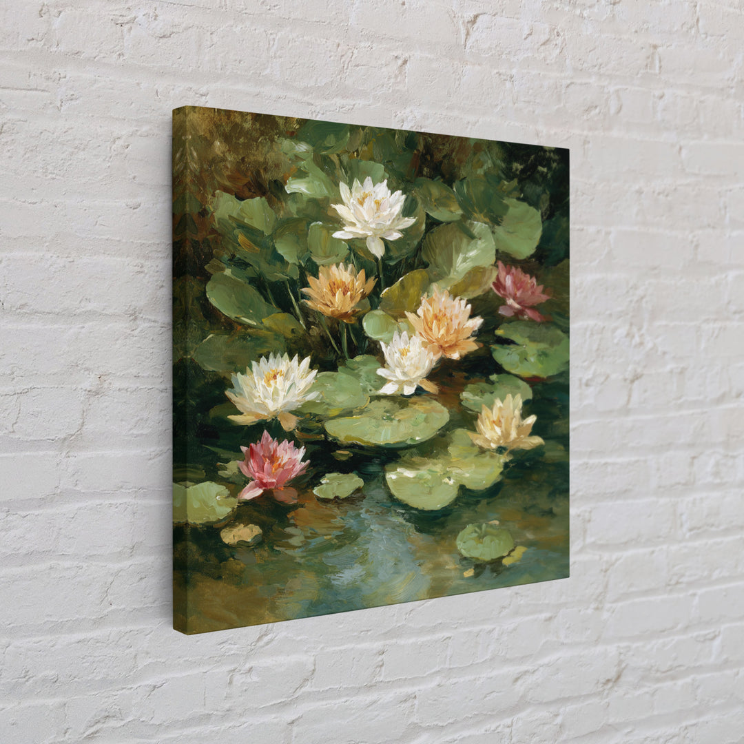 Water Lilies Floating on a Sunlit Pond Framed Canvas Print, Impressionist Art, Living Room Decor, Watercolor Art, Impression, IMP-1x1-73
