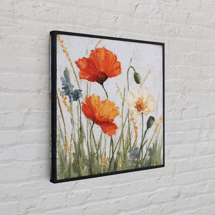 Poppies Blowing Through Green Grass Framed Canvas Print, Impressionist Art, Landscape Art, Living Room Decor, Abstract Art, IMP-1x1-84