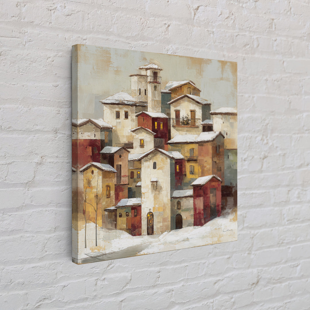 Snowy Village with Warm Glowing Windows Canvas Print, Impressionist Art, Minimalist Decor, Living Room Decor, Impression, IMP-1x1-85