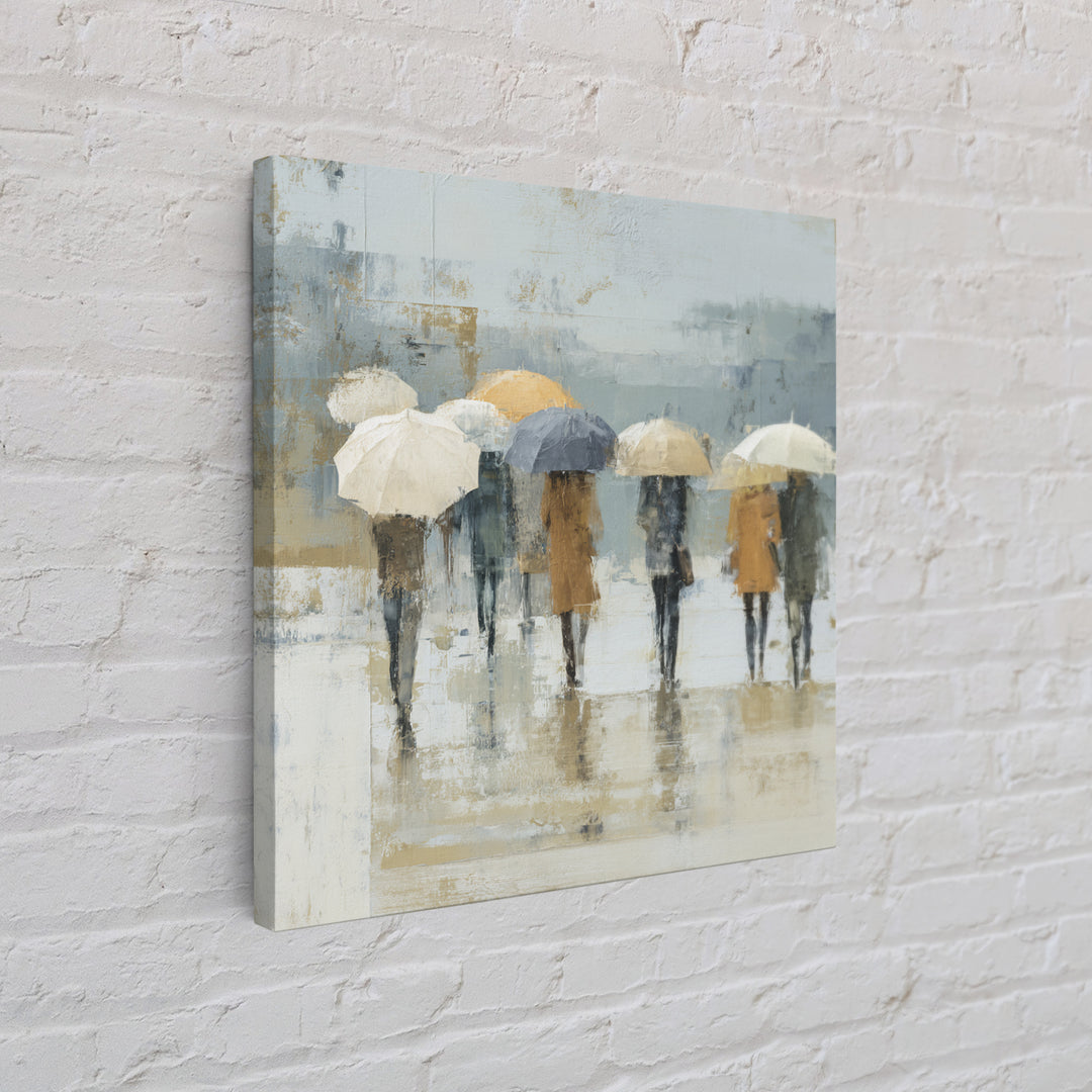 Rainy Boulevard with Umbrella Shapes Framed Canvas Print, Impressionist Art, Wall Art, Living Room Decor, Abstract Art, IMP-1x1-93