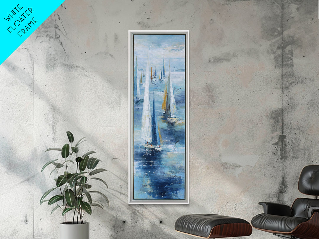 Sailboats on a Bright Sparkling Harbor Framed Canvas Print, Impressionist Art, Wall Art, Living Room Decor, Oil Painting, IMP-1x3-45