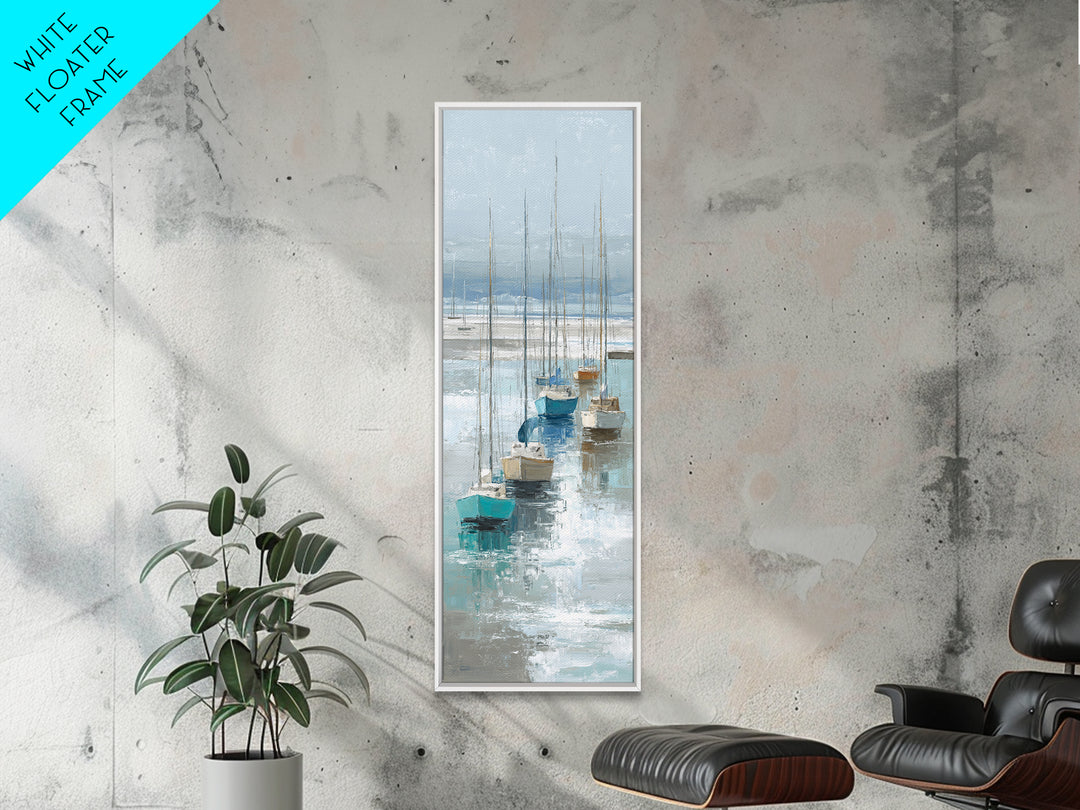 Sailboats on a Bright Sparkling Harbor Framed Canvas Print, Impressionist Art, Wall Art, Living Room Decor, Oil Painting, IMP-1x3-69