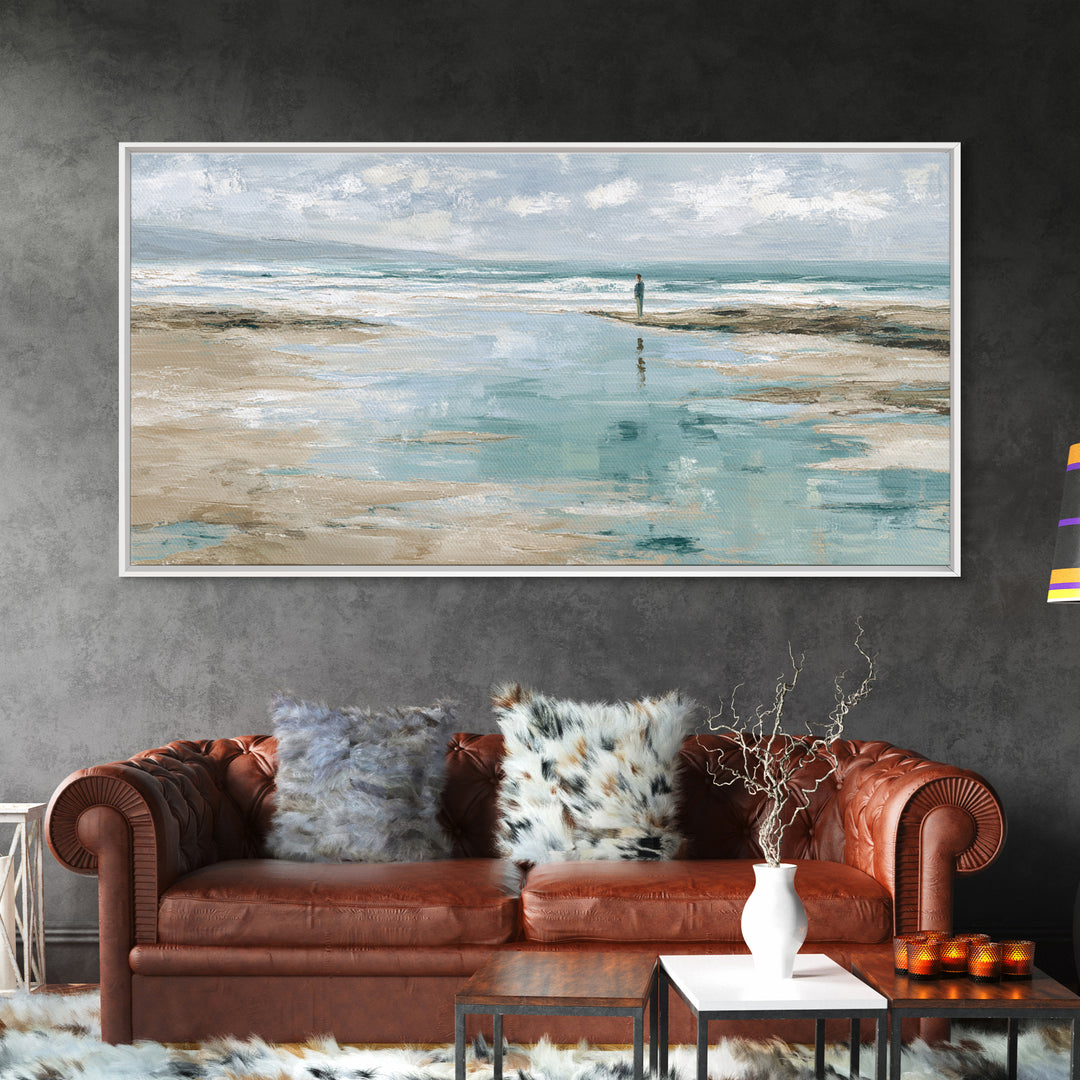 Coastal Beach Figures Framed Canvas Print, Impressionist Art, Home Decor, Living Room Decor, Impression, Horizontal Wall Art, IMP-2x1-15