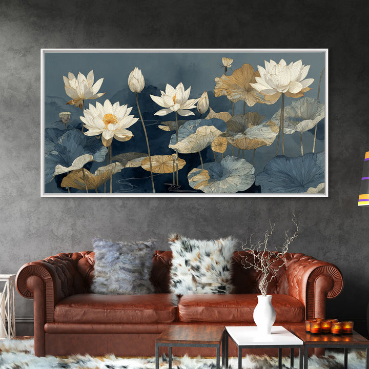 Water Lilies Floating on a Sunlit Pond Canvas Print, Impressionist Art, Oil Painting, Living Room Decor, Impression, IMP-2x1-21
