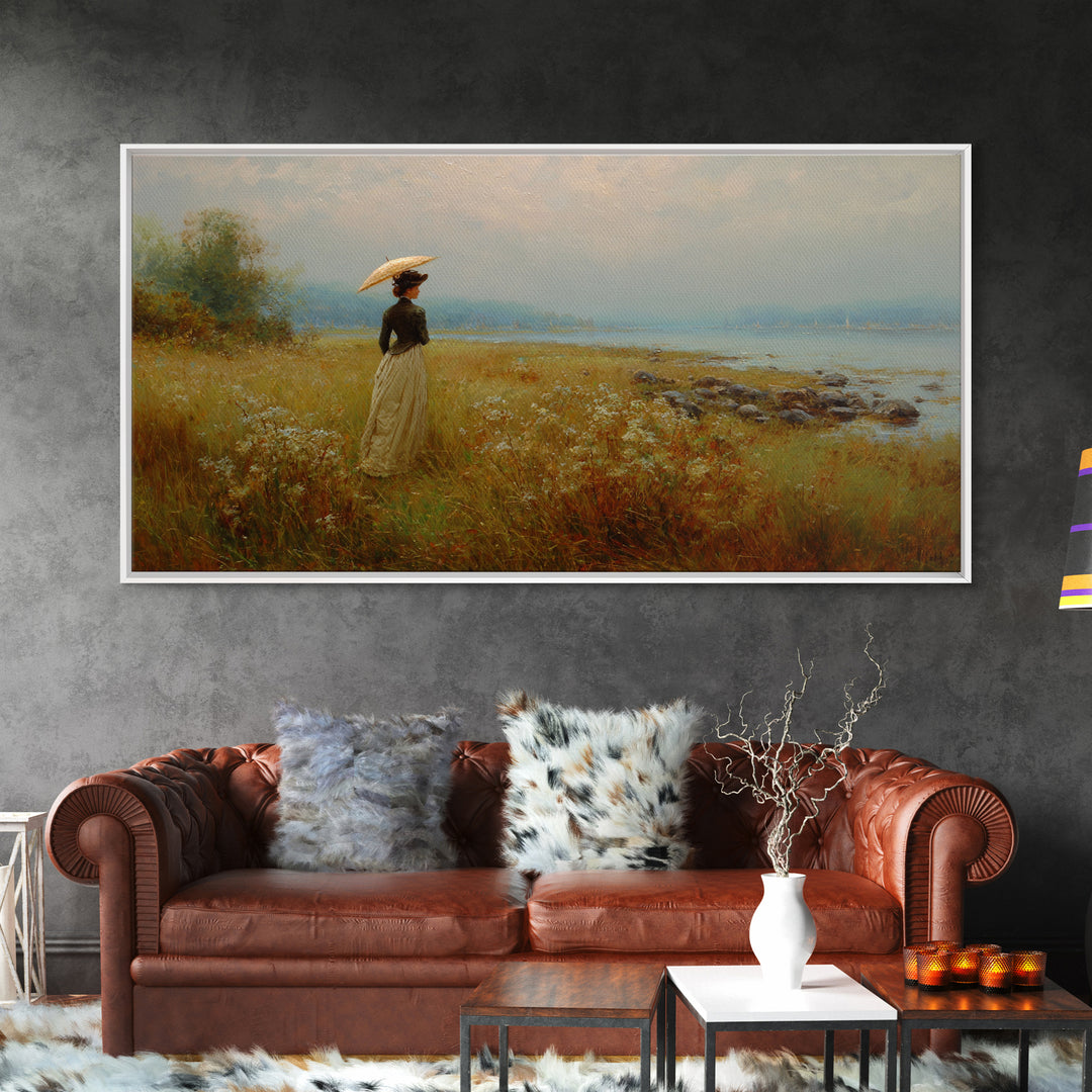 Woman with Parasol in Breezy Meadow Framed Canvas Print, Impressionist Art, Original Art, Living Room Decor, Impression, IMP-2x1-23