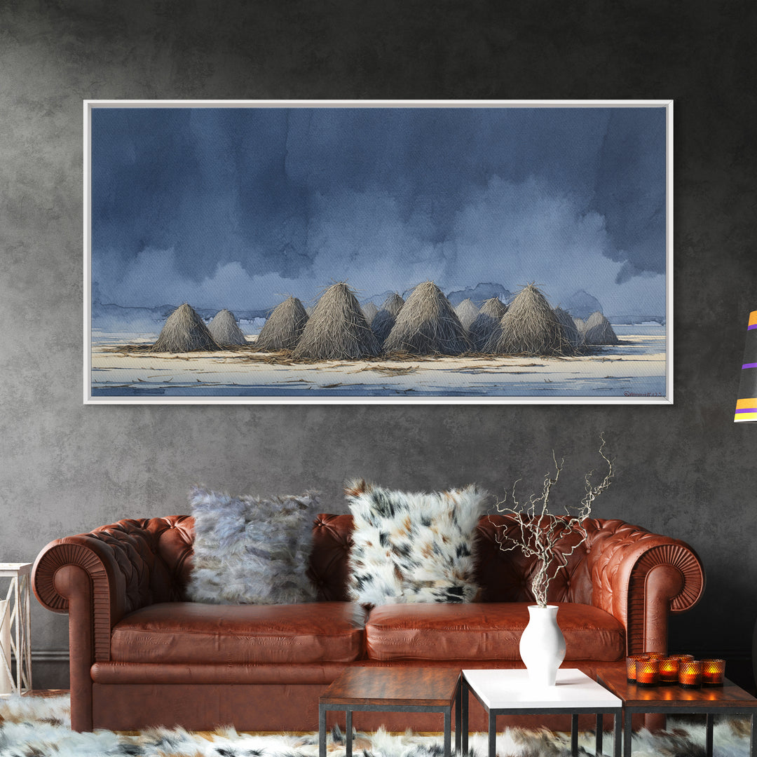 Haystacks Glowing at Golden Hour Framed Canvas Print, Impressionist Art, Minimalist Decor, Living Room Decor, Impression, IMP-2x1-24