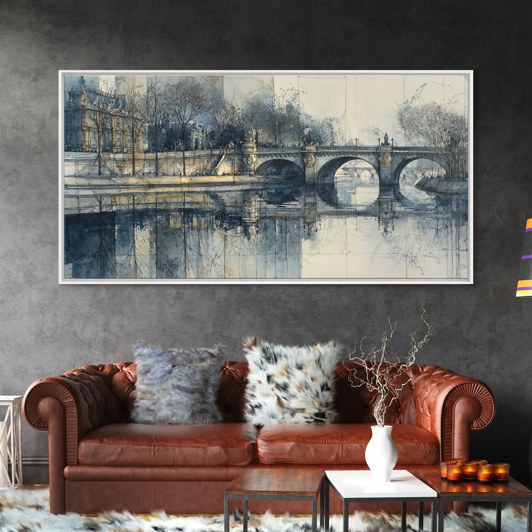 Paris Bridge Reflected Framed Canvas Print, Impressionist Art, Boho Decor, Living Room Decor, Oil Painting, Impression, IMP-2x1-27