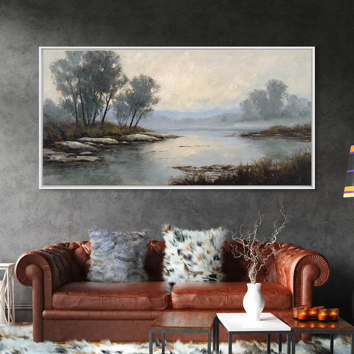Misty Riverbank with Willow Trees Canvas Print, Impressionist Art, Textured Wall Art, Living Room Decor, Fine Art, Impression, IMP-2x1-31