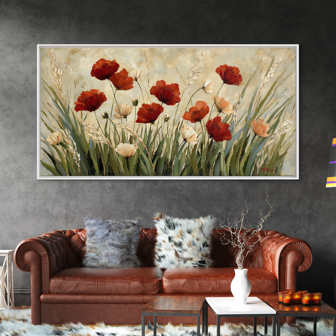 Poppies Blowing Through Green Grass Canvas Print, Impressionist Art, Wall Art, Living Room Decor, Oil Painting, Impression, IMP-2x1-32