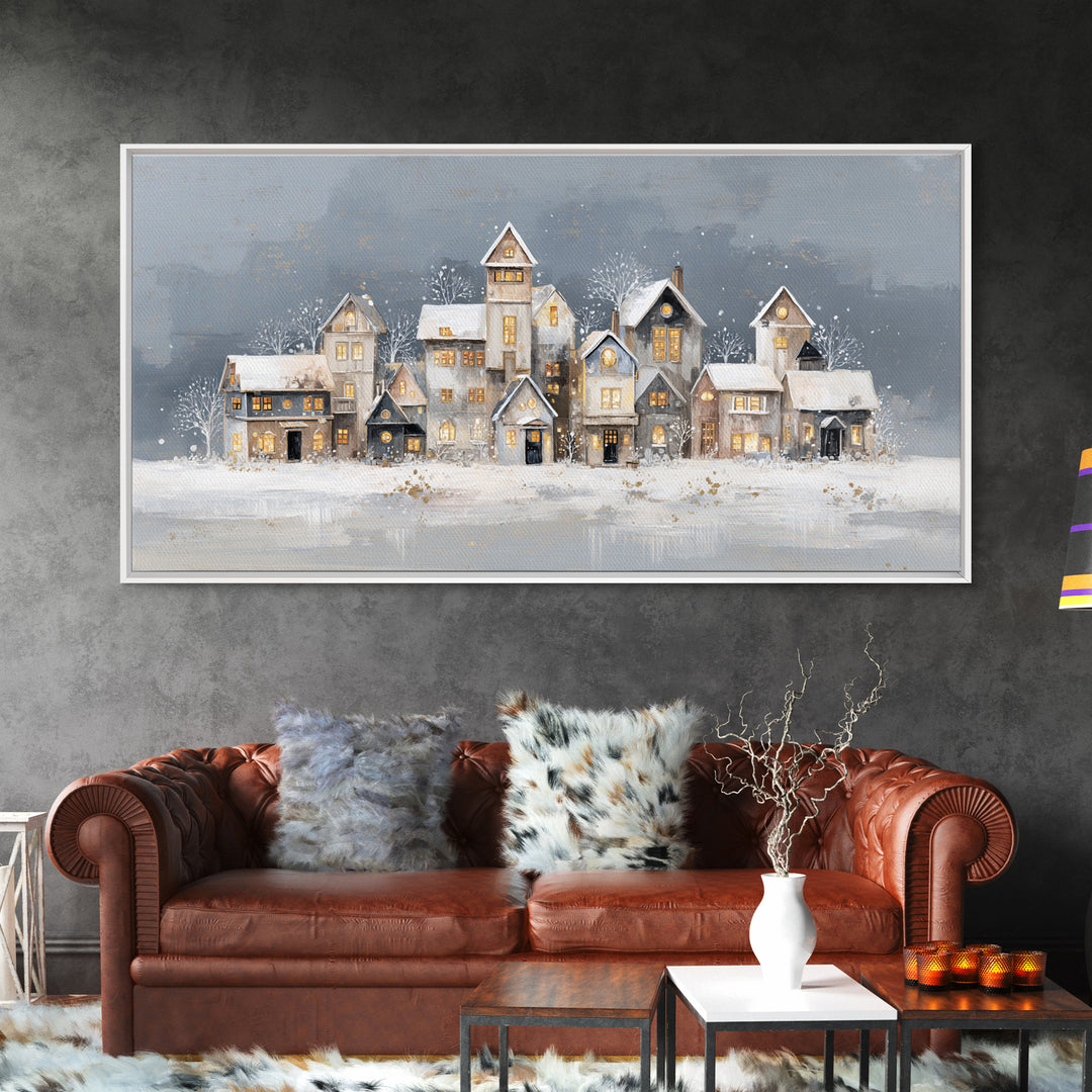 Snowy Village with Warm Glowing Windows Framed Canvas Print, Impressionist Art, Art Print, Living Room Decor, Impression, IMP-2x1-33