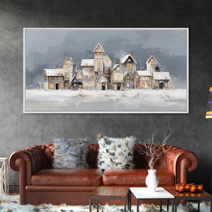 Snowy Village with Warm Glowing Windows Framed Canvas Print, Impressionist Art, Art Print, Living Room Decor, Impression, IMP-2x1-33