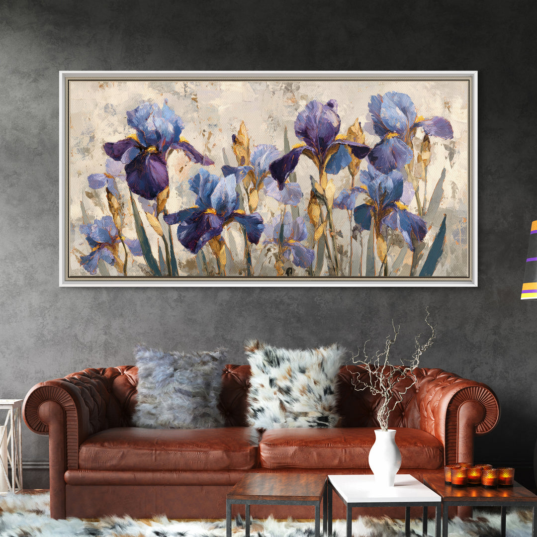 Iris Garden with Blue Violet Strokes Framed Canvas Print, Impressionist Art, Wall Decor, Living Room Decor, Impression, IMP-2x1-40