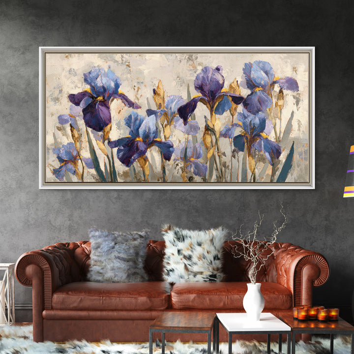Iris Garden with Blue Violet Strokes Framed Canvas Print, Impressionist Art, Wall Decor, Living Room Decor, Impression, IMP-2x1-40