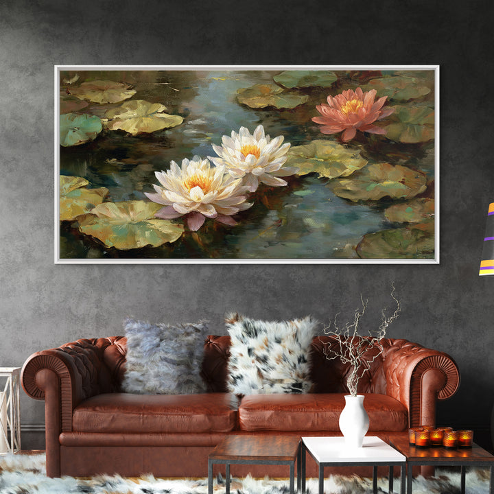 Water Lilies Floating on a Sunlit Pond Framed Canvas Print, Impressionist Art, Farmhouse Decor, Living Room Decor, Impression, IMP-2x1-45