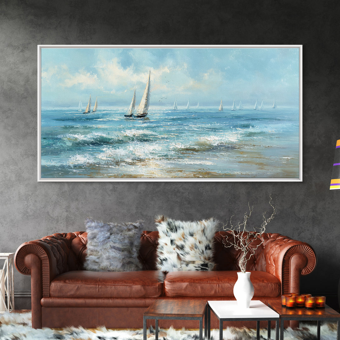 Sailboats on a Bright Sparkling Harbor Canvas Print, Impressionist Art, Horizontal Wall Art, Living Room Decor, Oil Painting, IMP-2x1-53