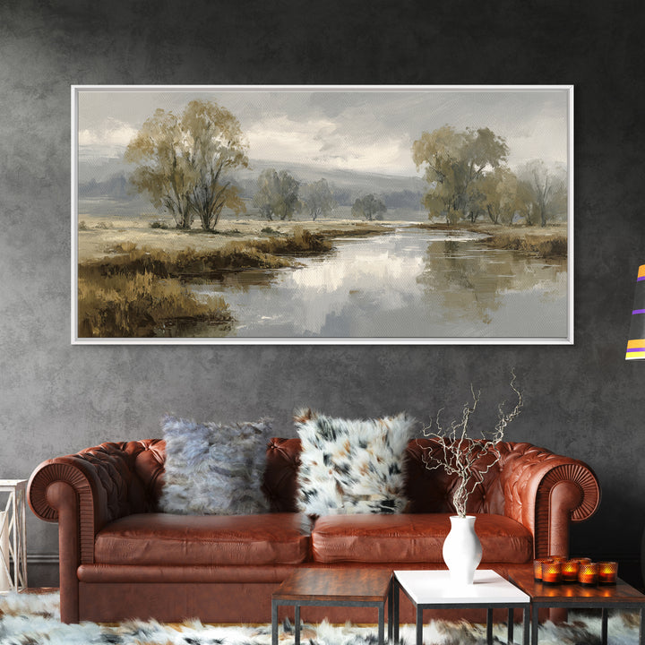 Misty Riverbank with Willow Trees Framed Canvas Print, Impressionist Art, Modern Wall Art, Living Room Decor, Impression, IMP-2x1-55