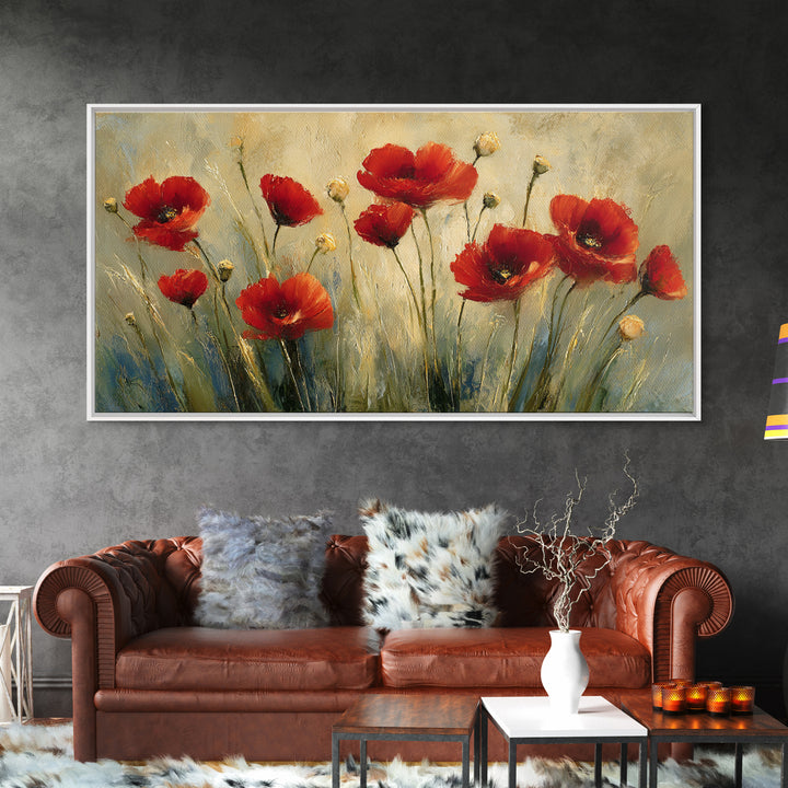 Poppies Blowing Through Green Grass Framed Canvas Print, Impressionist Art, Original Painting, Living Room Decor, Impression, IMP-2x1-56