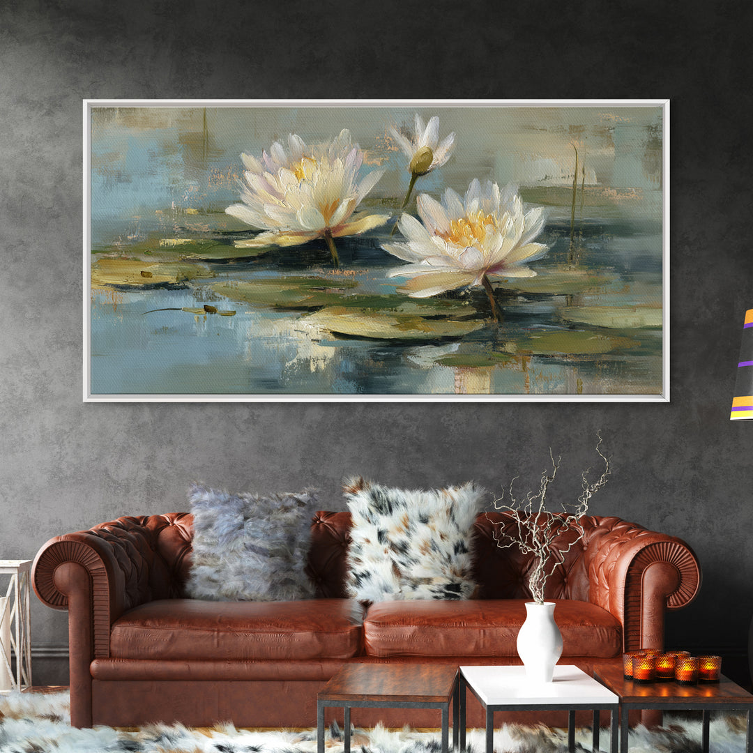 Water Lilies Floating on a Sunlit Pond Canvas Print, Impressionist Art, Living Room Wall Art, Living Room Decor, Impression, IMP-2x1-69