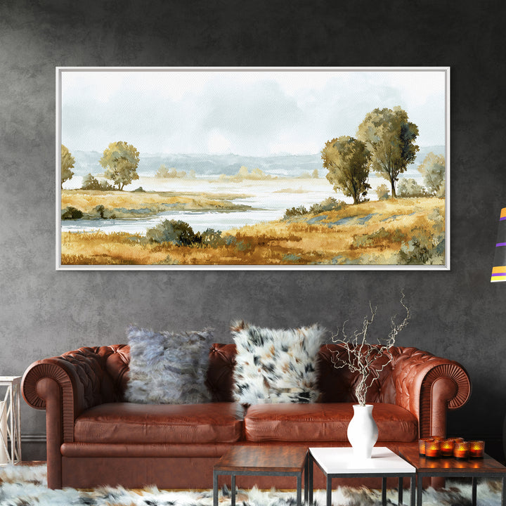 Misty Riverbank with Willow Trees Framed Canvas Print, Impressionist Art, Printable Wall Art, Living Room Decor, Impression, IMP-2x1-7