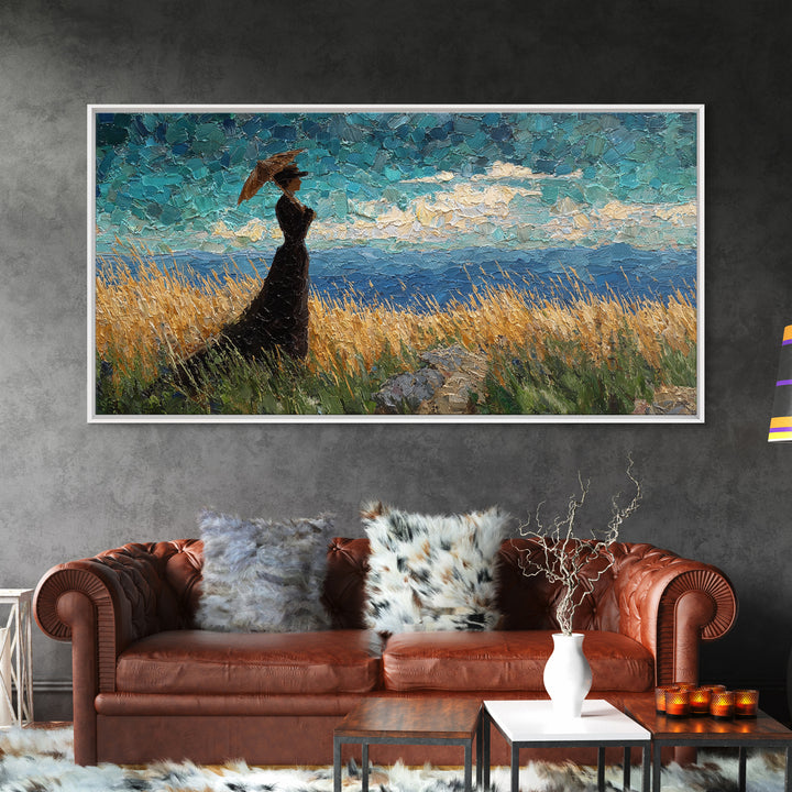 Woman with Parasol in Breezy Meadow Canvas Print, Impressionist Art, Landscape Art, Living Room Decor, Fine Art, Impression, IMP-2x1-71