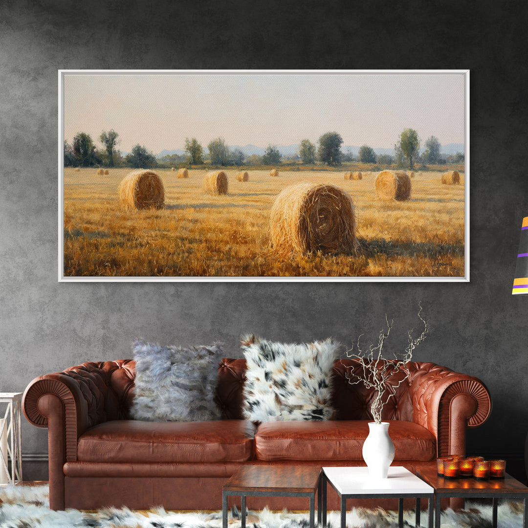 Haystacks Glowing at Golden Hour Framed Canvas Print, Impressionist Art, Bedroom Decor, Living Room Decor, Fine Art, Impression, IMP-2x1-72