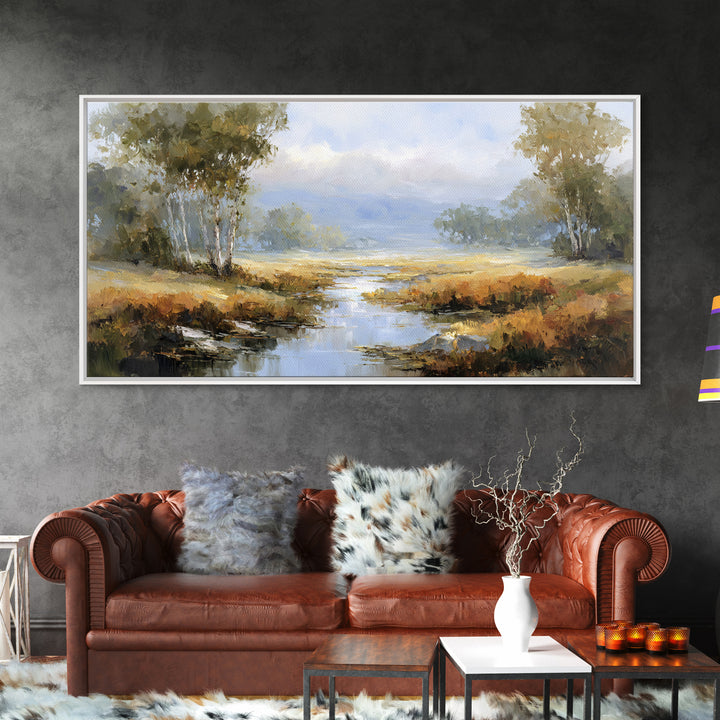 Misty Riverbank with Willow Trees Framed Canvas Print, Impressionist Art, Flower Print, Living Room Decor, Fine Art, Impression, IMP-2x1-79