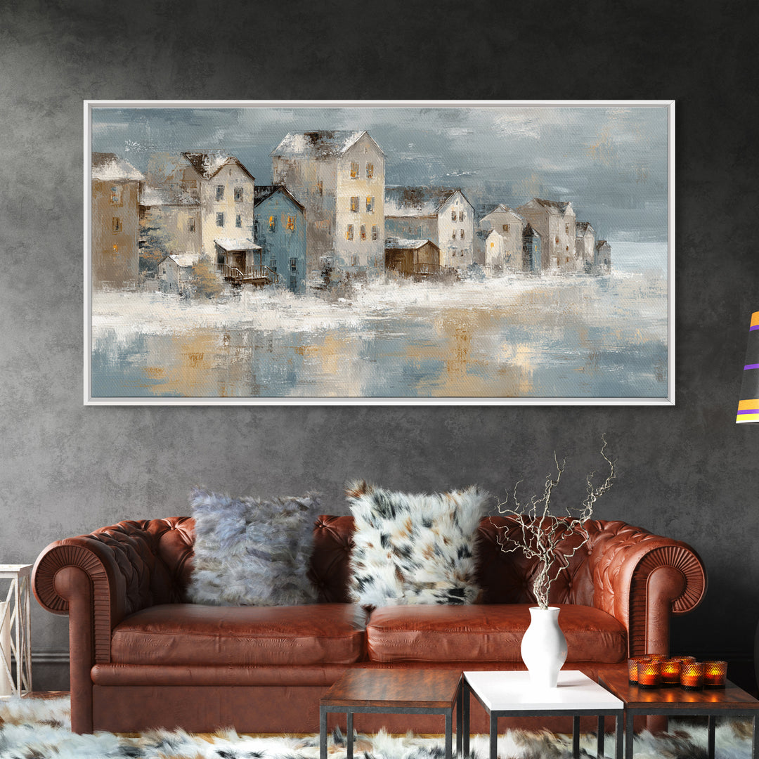 Snowy Village with Warm Glowing Windows Canvas Print, Impressionist Art, Wall Art Framed, Living Room Decor, Impression, IMP-2x1-81