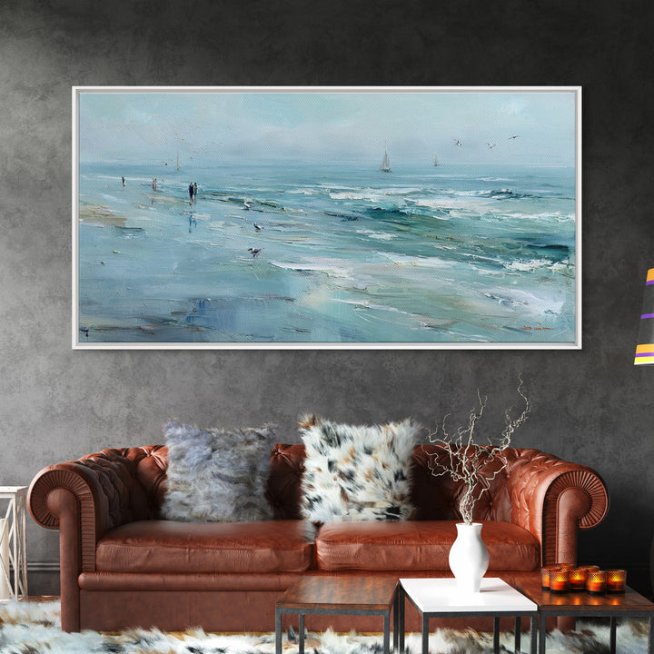 Coastal Beach Figures Framed Canvas Print, Impressionist Art, Gallery Wall Art, Living Room Decor, Oil Painting, Impression, IMP-2x1-87