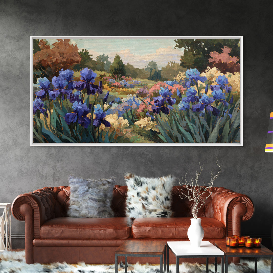 Iris Garden with Blue Violet Strokes Framed Canvas Print, Impressionist Art, Living Room Decor, Watercolor Art, Impression, IMP-2x1-88