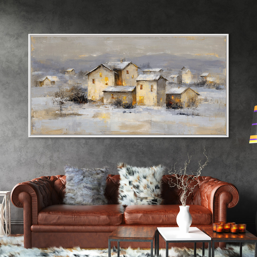 Snowy Village with Warm Glowing Windows Framed Canvas Print, Impressionist Art, Art Print, Living Room Decor, Impression, IMP-2x1-9