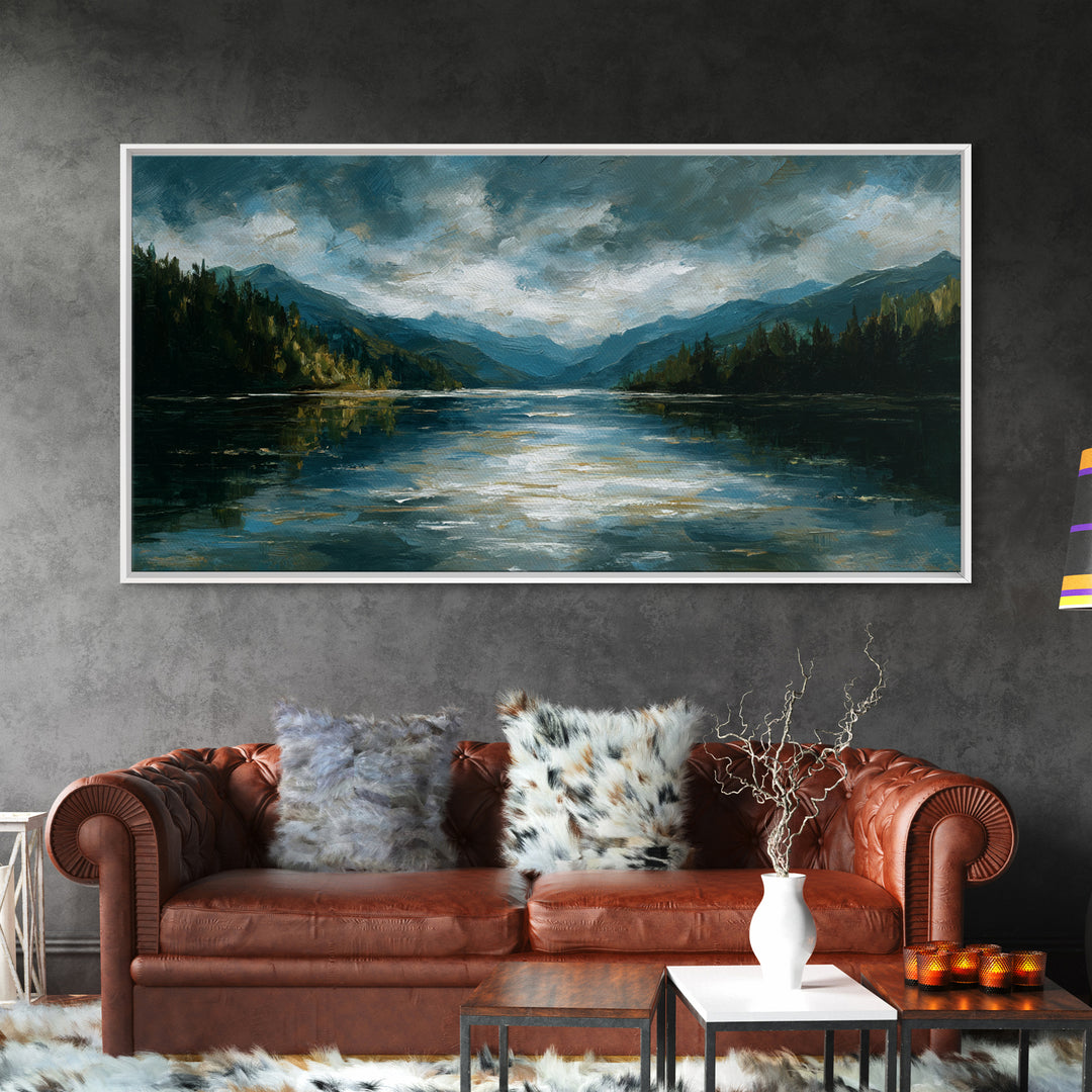 Mountain Lake with Sparkling Reflections Canvas Print, Impressionist Art, Horizontal Wall Art, Living Room Decor, Impression, IMP-2x1-92