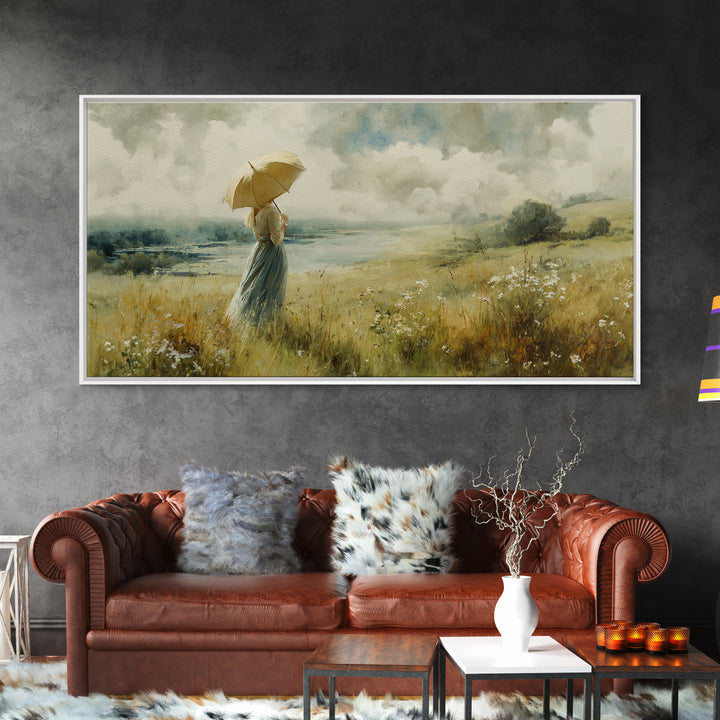 Woman with Parasol in Breezy Meadow Framed Canvas Print, Impressionist Art, Neutral Decor, Living Room Decor, Impression, IMP-2x1-95