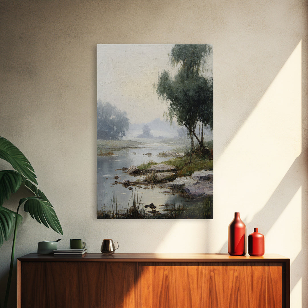 Misty Riverbank with Willow Trees Framed Canvas Print, Impressionist Art, Contemporary Art, Living Room Decor, Impression, IMP-2x3-19