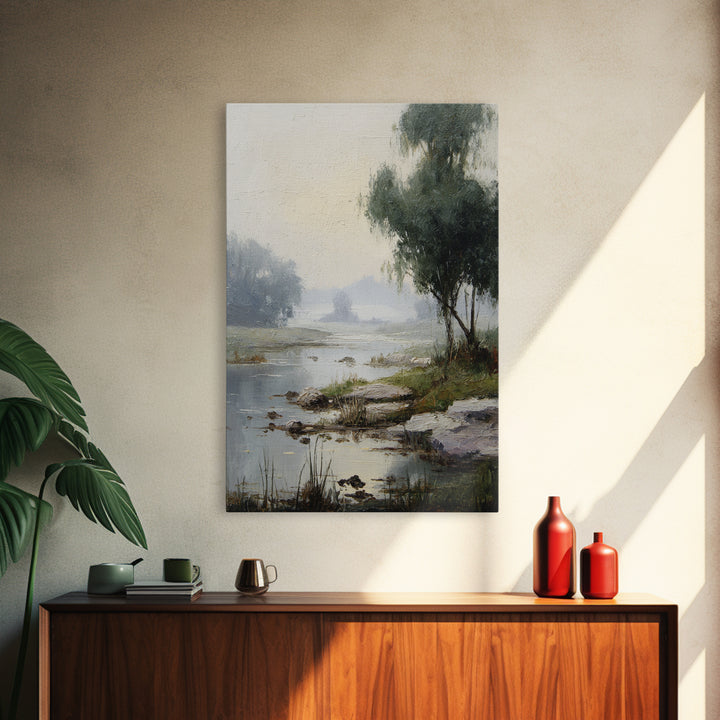 Misty Riverbank with Willow Trees Framed Canvas Print, Impressionist Art, Contemporary Art, Living Room Decor, Impression, IMP-2x3-19