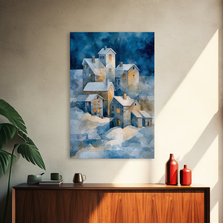 Snowy Village with Warm Glowing Windows Framed Canvas Print, Impressionist Art, Oil Painting, Living Room Decor, Impression, IMP-2x3-21