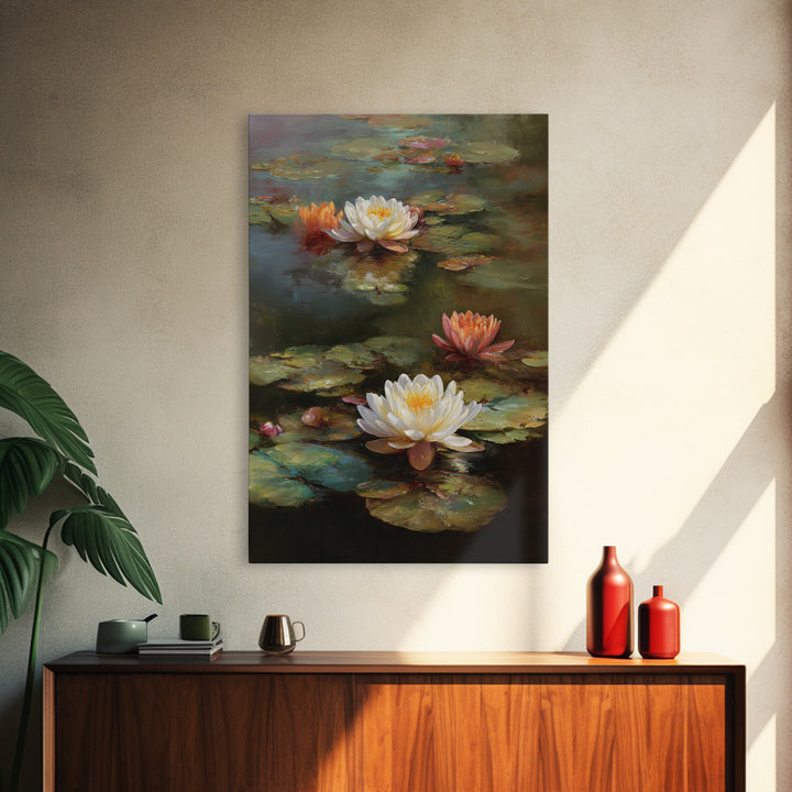 Water Lilies Floating on a Sunlit Pond Canvas Print, Impressionist Art, Wall Art Framed, Living Room Decor, Impression, IMP-2x3-33